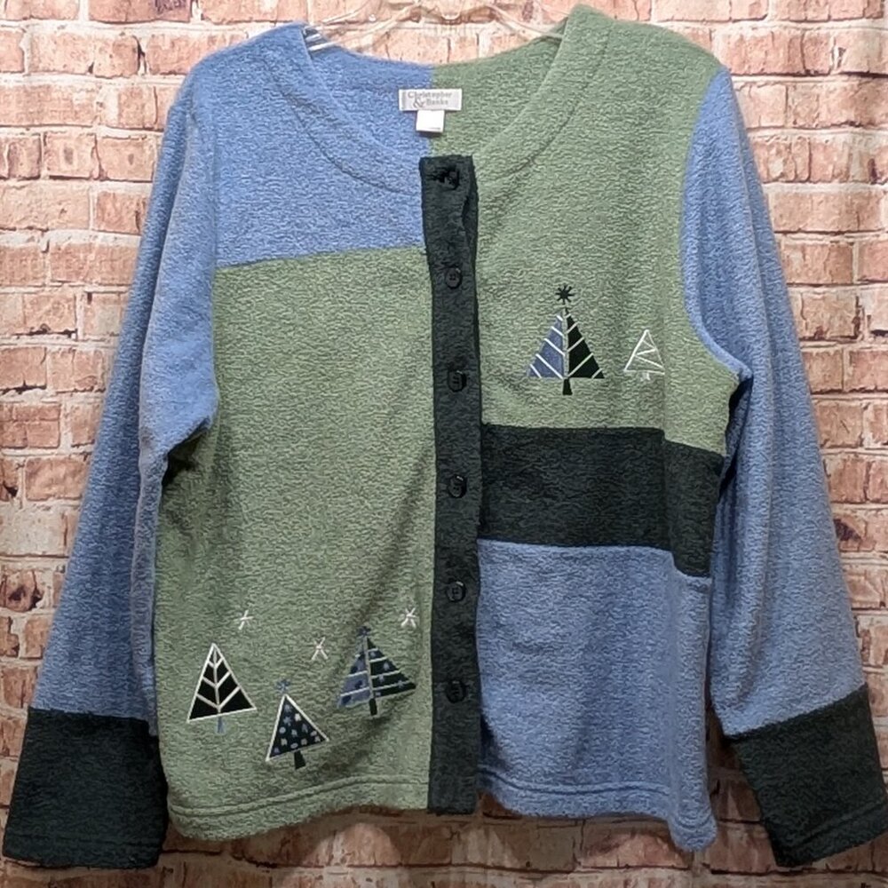 Christopher & Banks Cardigan Colorblock Christmas Tree Embroidery Size XL